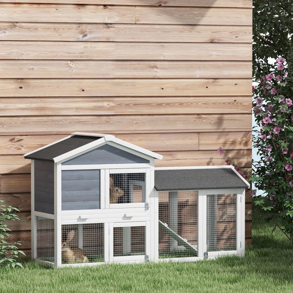 58″ Wooden Rabbit Hutch w/ Run — Asphalt Roof, Tray & Ramp (Gray) - Image 7