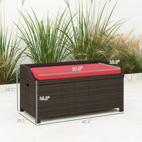 Outdoor Wicker Storage Bench With Storage & Cushion, Red - Image 3