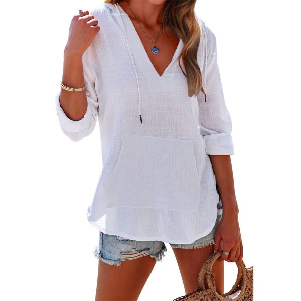 V-Neck Hooded Split-Hem Top — Long Sleeve, Pockets, Street Style (S–XXL) - Image 8