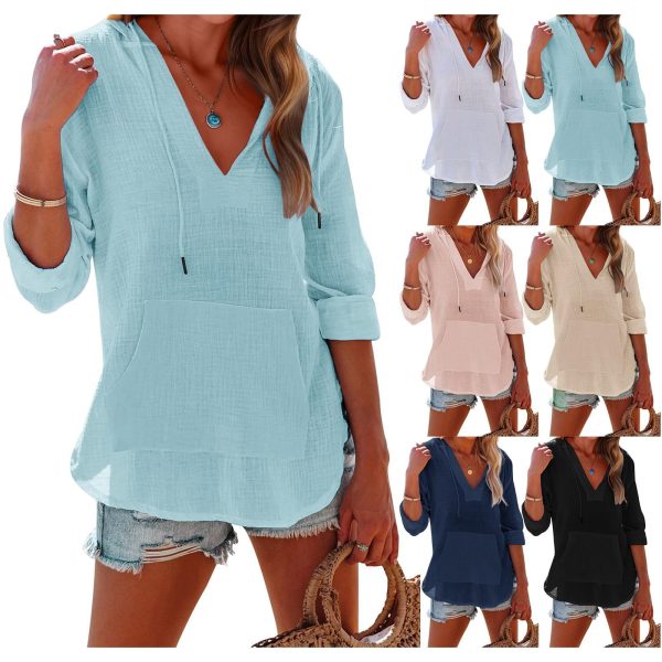 V-Neck Hooded Split-Hem Top — Long Sleeve, Pockets, Street Style (S–XXL)