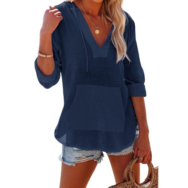 V-Neck Hooded Split-Hem Top — Long Sleeve, Pockets, Street Style (S–XXL) - Image 4