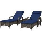 2-Piece Wicker Chaise Set + Table — 5-Position, Wheels, Cushions (Dark Blue)