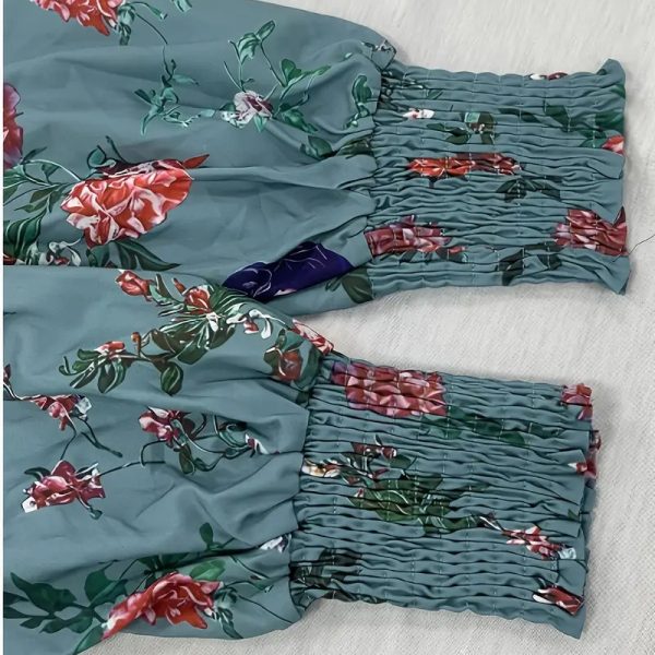 Floral V-Neck Lace-Trim Maxi — Long Sleeve, A-Line, Smocked Back - Image 3