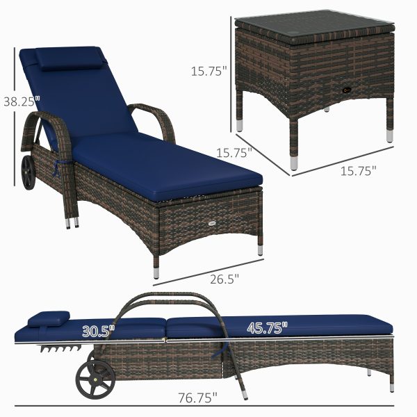2-Piece Wicker Chaise Set + Table — 5-Position, Wheels, Cushions (Dark Blue) - Image 5