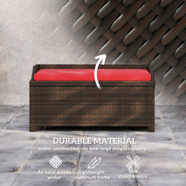 Outdoor Wicker Storage Bench With Storage & Cushion, Red - Image 6