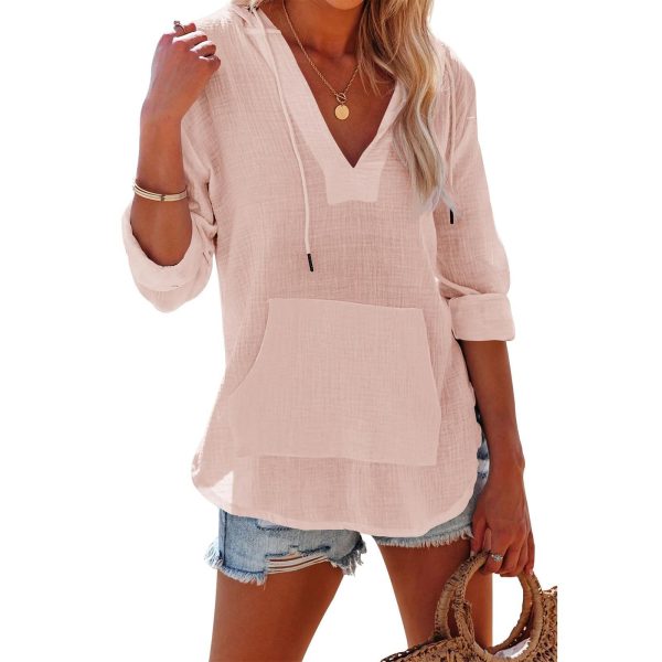 V-Neck Hooded Split-Hem Top — Long Sleeve, Pockets, Street Style (S–XXL) - Image 3