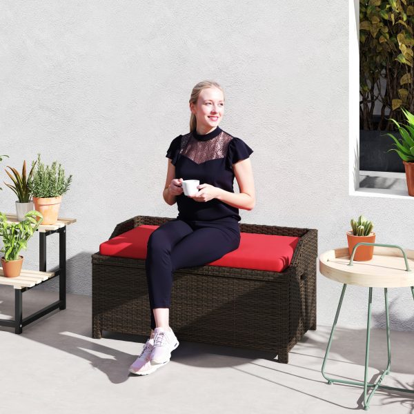 Outdoor Wicker Storage Bench With Storage & Cushion, Red - Image 5