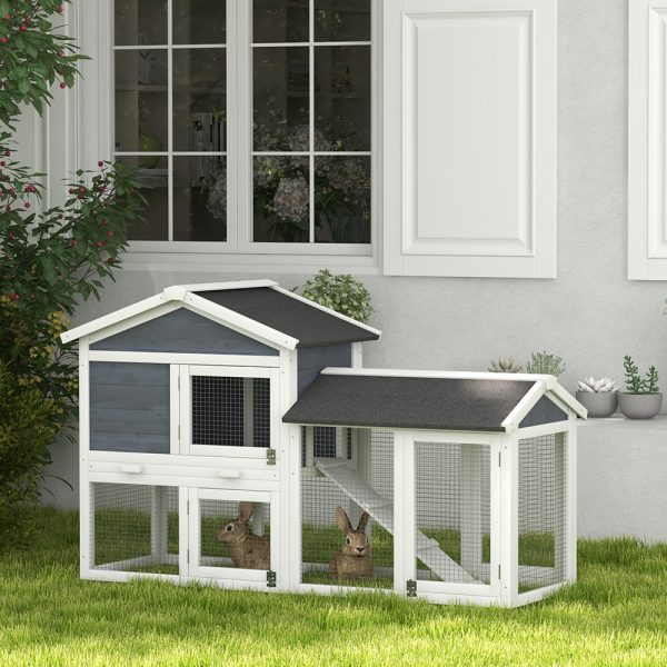 58″ Wooden Rabbit Hutch w/ Run — Asphalt Roof, Tray & Ramp (Gray) - Image 6