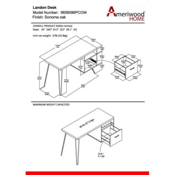 Landon Compact Computer Desk — 45″, Drawer & Cubby, Hairpin Legs (Brown) - Image 3