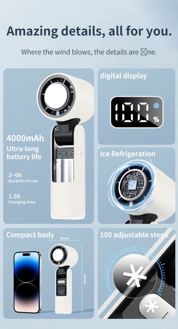 Foldable Turbo Handheld Fan — 4-Speed, Cooling Plate, 4000mAh, LED/Night-Light - Image 4