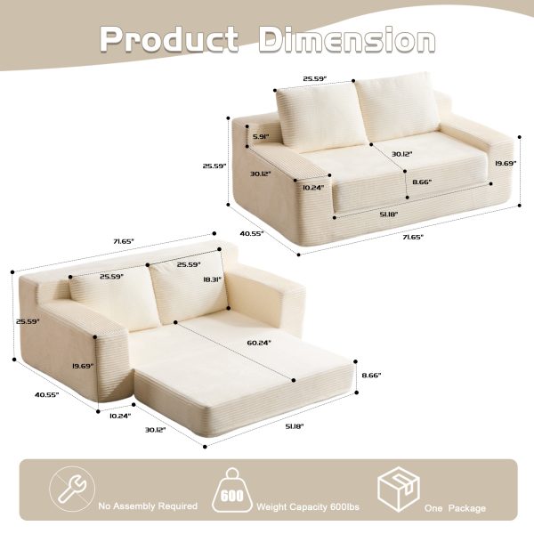 Corduroy Bean-Bag Loveseat — Deep Seat, Reversible Cushion, Pillows, No Assembly (White) - Image 3