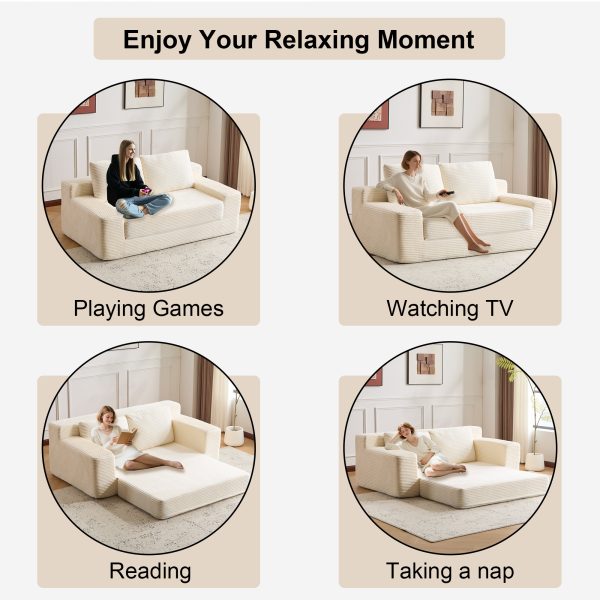 Corduroy Bean-Bag Loveseat — Deep Seat, Reversible Cushion, Pillows, No Assembly (White) - Image 6