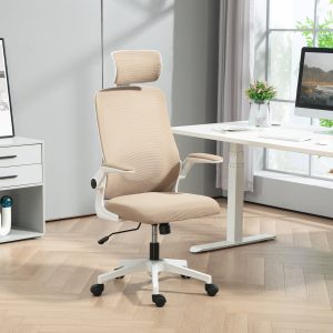 Ergonomic Mesh Office Chair — Flip-Up Arms, Adjustable Lumbar & Headrest (Khaki)