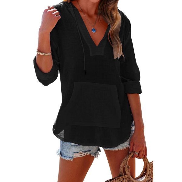 V-Neck Hooded Split-Hem Top — Long Sleeve, Pockets, Street Style (S–XXL) - Image 10