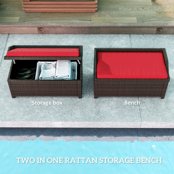 Outdoor Wicker Storage Bench With Storage & Cushion, Red - Image 4