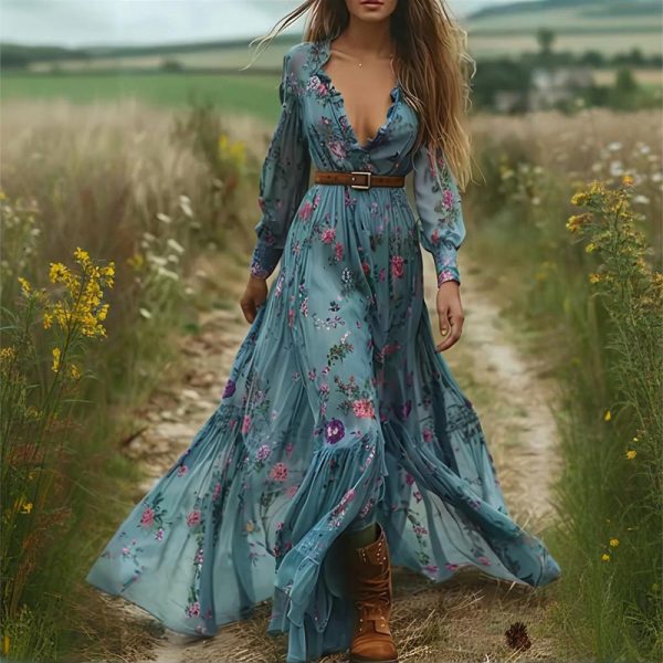 Floral V-Neck Lace-Trim Maxi — Long Sleeve, A-Line, Smocked Back