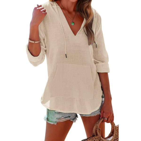 V-Neck Hooded Split-Hem Top — Long Sleeve, Pockets, Street Style (S–XXL) - Image 2