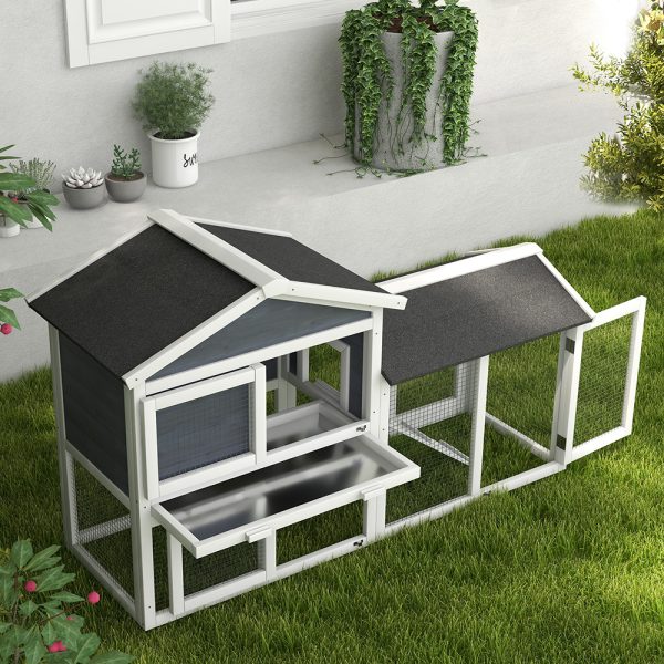 58″ Wooden Rabbit Hutch w/ Run — Asphalt Roof, Tray & Ramp (Gray) - Image 5