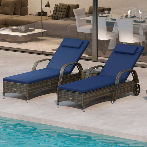 2-Piece Wicker Chaise Set + Table — 5-Position, Wheels, Cushions (Dark Blue) - Image 3