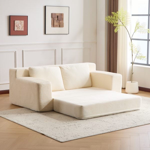 Corduroy Bean-Bag Loveseat — Deep Seat, Reversible Cushion, Pillows, No Assembly (White)