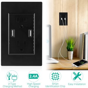 Dual-USB Wall Outlet (2.4A) — US Standard, Black/White, Smart Fast-Charge