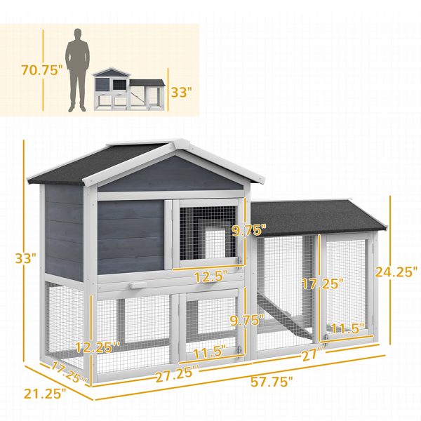 58″ Wooden Rabbit Hutch w/ Run — Asphalt Roof, Tray & Ramp (Gray) - Image 2