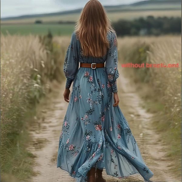 Floral V-Neck Lace-Trim Maxi — Long Sleeve, A-Line, Smocked Back - Image 2