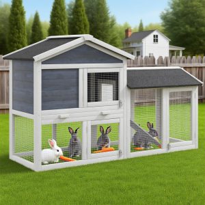 58″ Wooden Rabbit Hutch w/ Run — Asphalt Roof, Tray & Ramp (Gray)