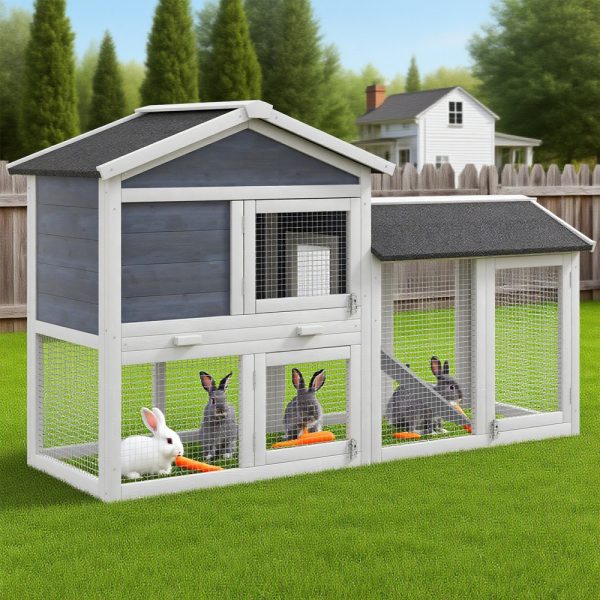 58″ Wooden Rabbit Hutch w/ Run — Asphalt Roof, Tray & Ramp (Gray)