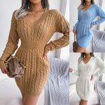 2025 V-Neck Bodycon Mini Sweater Dress — Long Sleeve, Pullover, Cozy & Chic