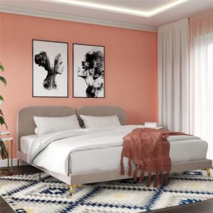 Coco Velvet Platform Bed — King, Taupe, Gold Legs (No Box Spring)