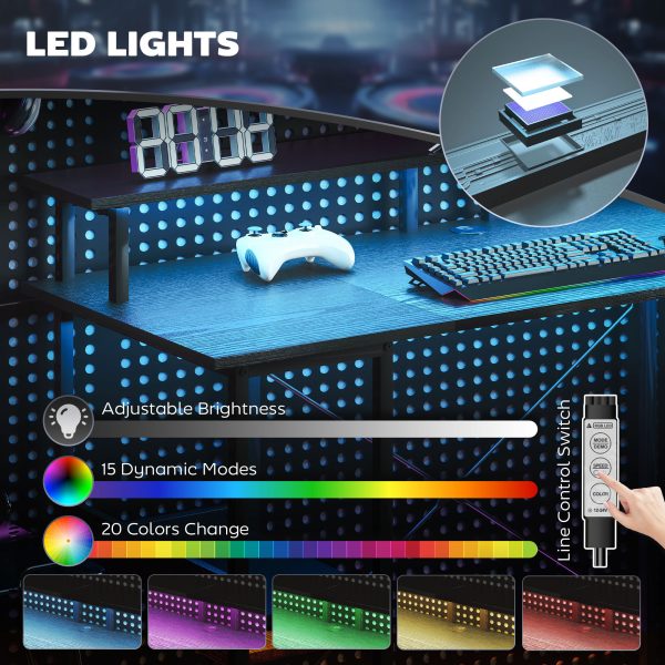 55″ Reversible Computer Desk w/ Power & RGB — Monitor Riser + Shelves (Distressed Black) - Image 4