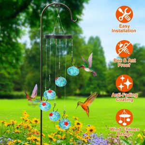 Wind-Chime Hummingbird Feeder — 6 Ports, Hanging Garden Decor (Blue)