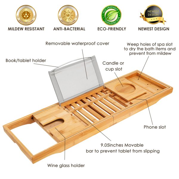 Extendable Bamboo Bath Caddy — Book/Tablet Stand, Phone & Wine Holder (27.6–41.3") - Image 9