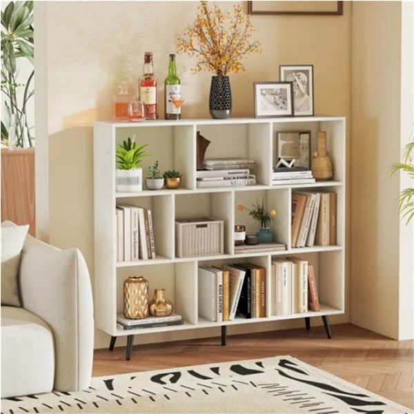 3-Tier, 10-Cube Bookcase — Modern Storage with 5 Metal Legs (White/Black) - Image 3