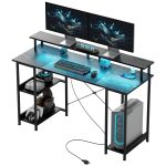 55″ Reversible Computer Desk w/ Power & RGB — Monitor Riser + Shelves (Distressed Black)
