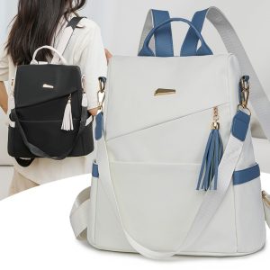 Color-Block Anti-Theft Backpack — Back-Zip, PU, Casual School & Travel