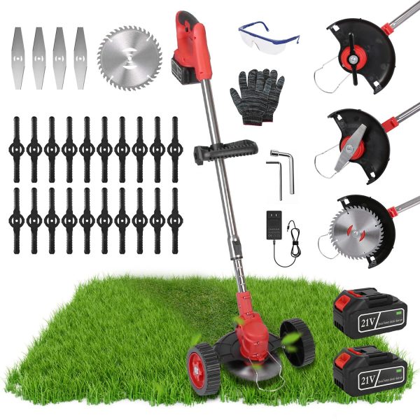 3-in-1 Cordless Weed Wacker w/ Wheels — 21V, 2×2500mAh, Adjustable Head + 3-Blade Set