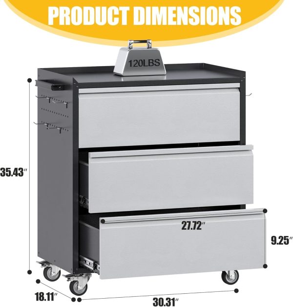 Aobabo 3-Drawer Rolling Tool Cabinet — Steel, Locking Casters, Black/Grey - Image 3