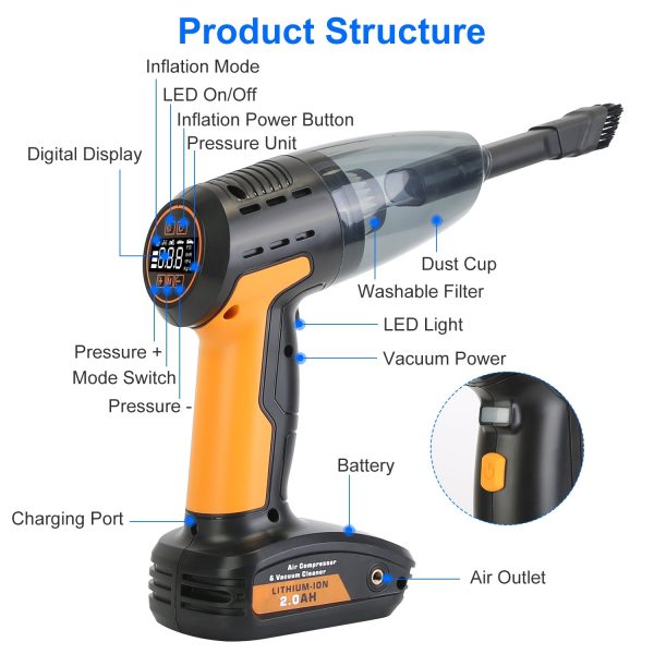 4-in-1 Cordless Car Vacuum & Tire Inflator — 150 PSI, 9 kPa Suction, LED Light, Digital Gauge - Image 10