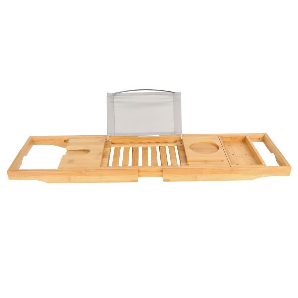 Extendable Bamboo Bath Caddy — Book/Tablet Stand, Phone & Wine Holder (27.6–41.3") - Image 2