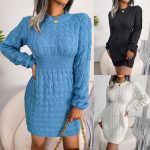Twist-Front Sweater Bodycon — Waist-Cinching Knit Dress in Blue, White & Black