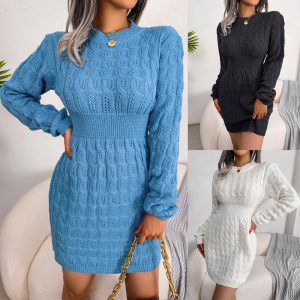 Twist-Front Sweater Bodycon — Waist-Cinching Knit Dress in Blue, White & Black