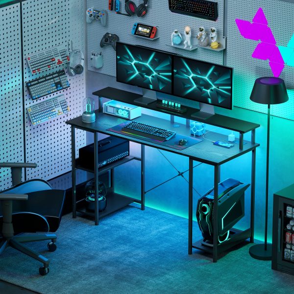 55″ Reversible Computer Desk w/ Power & RGB — Monitor Riser + Shelves (Distressed Black) - Image 5