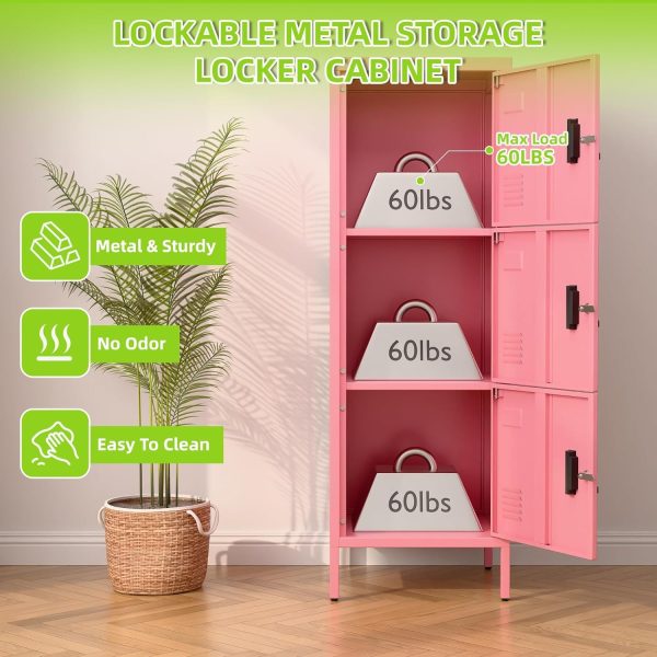 Aobabo 3-Door Steel Locker — Pink, Lockable, Name Card Slots, Metal Legs - Image 3