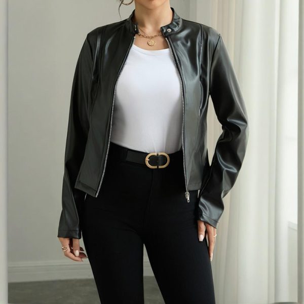 Stand-Collar Faux Leather Blazer — Single Button + Zip Front (Fall/Winter) - Image 7