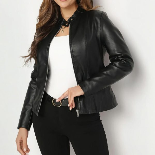 Stand-Collar Faux Leather Blazer — Single Button + Zip Front (Fall/Winter)