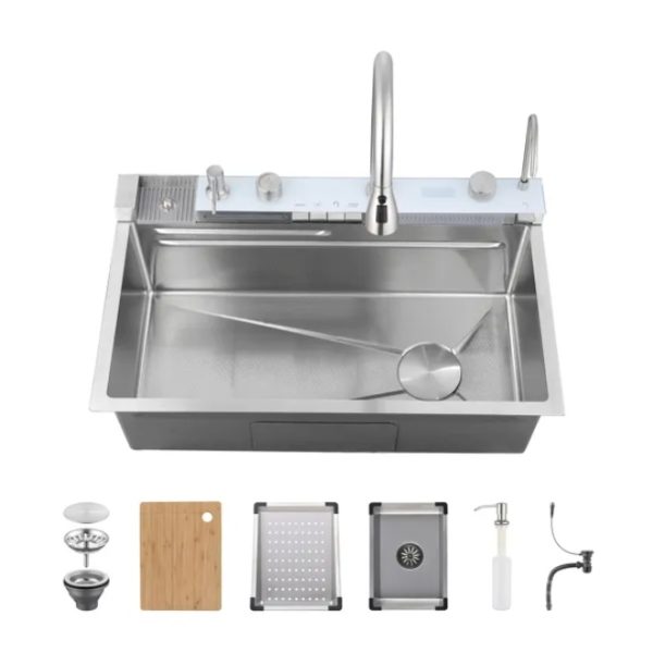 Pull-Out Faucet Single-Bowl Sink — 304 Stainless, “Waterfall” Rinse, Veggie Wash Basin - Image 3