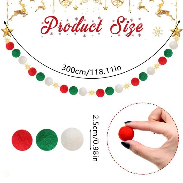 9.84 ft Felt Pom Pom Garland with Warm Lights — Red, Green & White Christmas Decoration - Image 7