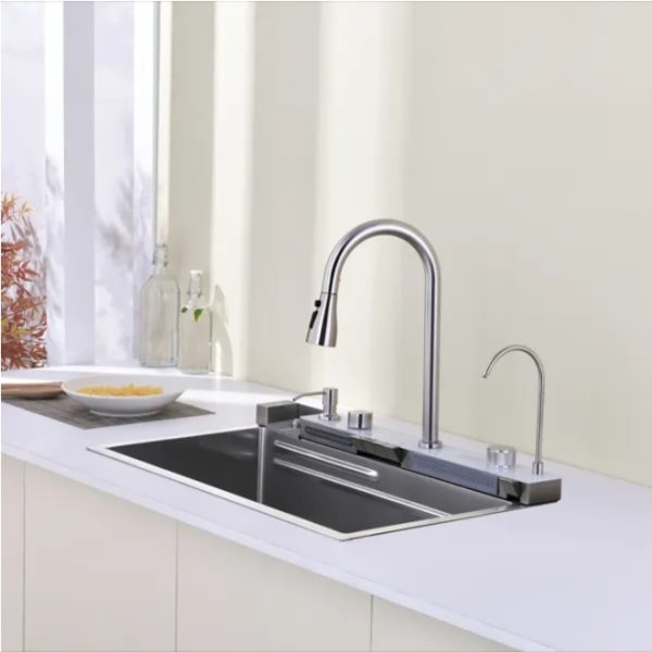 Pull-Out Faucet Single-Bowl Sink — 304 Stainless, “Waterfall” Rinse, Veggie Wash Basin - Image 4
